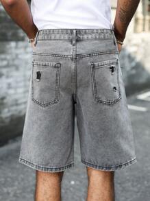 PAVTROS Manfinity Streetrush Men's Casual Washed Bone Skeleton & Cross Embroidery Denim Shorts