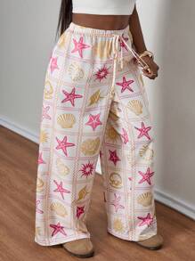 SHEIN PETITE CURVE Pantalones rectos casuales con estampado de vida marina para mujer de talla grande, ropa de mujer, ropa de verano, pantalones de playa para mujer, ropa de verano, adecuado para personas de estatura talla grande baja - Multicolor - Ver 4