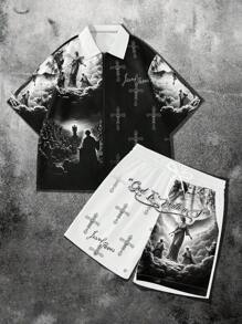 Manfinity EMRG Bộ áo sơ mi và quần short in chữ thập thời trang mùa hè cho nam - Nhiều màu - Xem 5