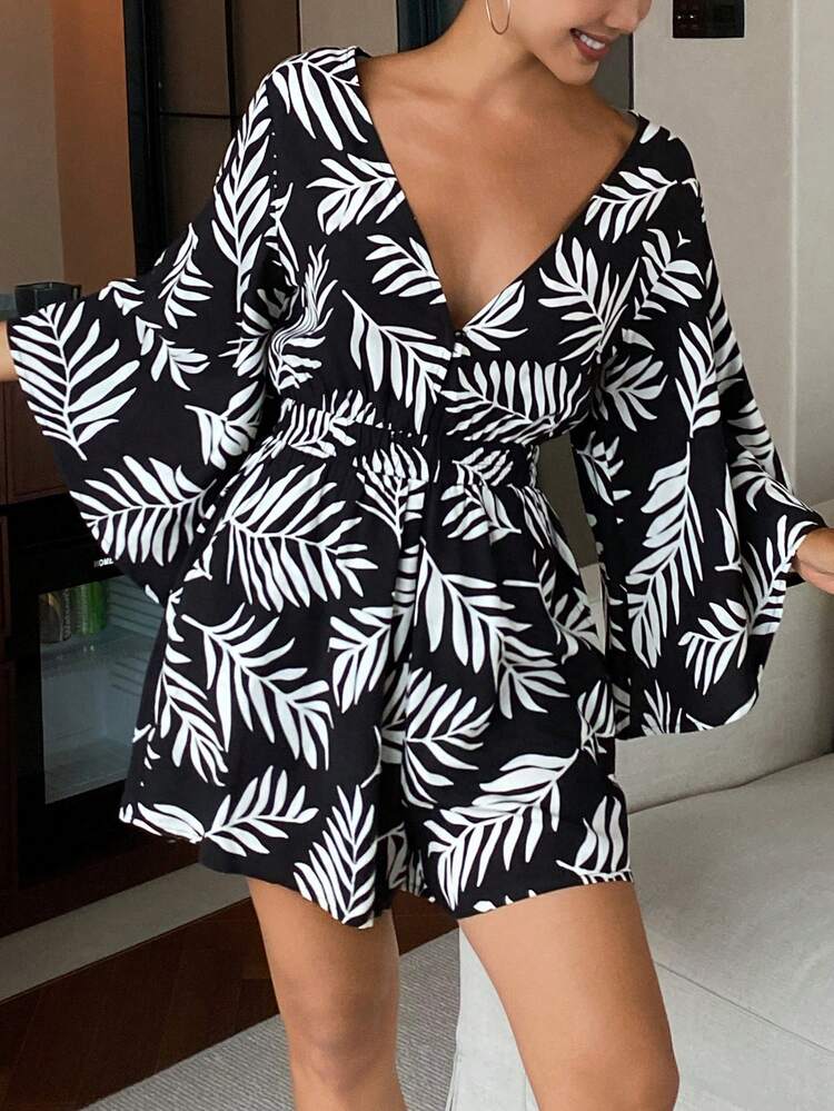 Resort Plant Print Deep V-Neck Women's Jumpsuit Pajamas