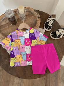 SHEIN Bộ 2 món/Bộ áo thun tay ngắn in hình mèo dễ thương nhiều màu sắc cho bé gái và quần short, thời trang thoải mái cho mùa hè, thích hợp cho ngày tựu trường - Nhiều màu - Xem 3