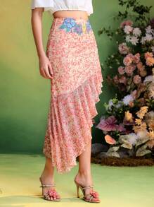 Frida Kahlo X SHEIN X Designer The Perfect Party Floral Print Asymmetrical Ruffles Mesh Skirt For Women Summer Vacation Holiday Beach