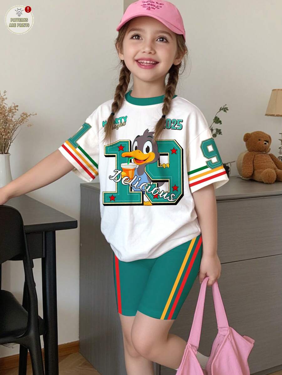 SHEIN Áo thun Happikins dáng rộng, phong cách thể thao năng động, ngọt ngào, trẻ trung dành cho bé gái, in số 19 và hình hoạt hình, thích hợp mặc thoải mái mùa hè, là item cơ bản, áo thun in hình dành cho bé gái, phong cách Hàn Quốc. - Nhiều màu - Xem 1