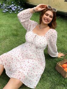 SHEIN EZwear Plus Size Front Drawstring Long Sleeve Woven Fitted Dress For Autumn/Winter - White - View 4