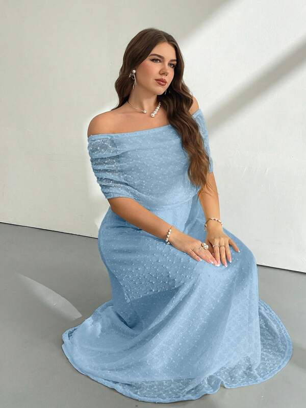 Firerie Rochie elegantă de damă, mărime mare, cu umeri goi, tiv evazat, linie A, elastică, material tricotat, pentru casual/serviciu, primăvară/vară