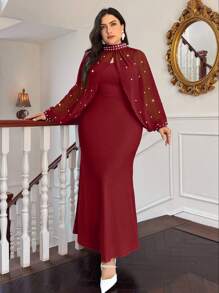 SHEIN Privé 珍珠吊带连衣裙-白色情人节长款斗篷罩衫白色浪漫婚礼季美人鱼超长连衣裙 - 酒紅色 - 查看 4