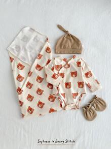 Cozy Pixies 5件套新生儿礼盒套装，包括连体衣、裤子、手套、帽子、毯子 - 卡其色 - 查看 8