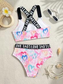 Conjunto de bikini elegante y lindo con estampado de corazón, decorado con cinta y con tirantes ajustables, adecuado para vacaciones, playa, verano para niñas preadolescentes