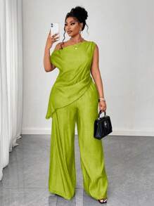 Maweii 大码女式两件套 - 优雅纯色不对称衬衫和裤子，夏季 - 青檸色 - 查看 2