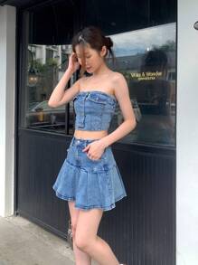 SHEIN ICON Women Casual Street Chic Flap Detail Single-Breasted Cropped Tube Top And Pleated Denim Skirt 2-Piece Set, Summer - Blue - View 4