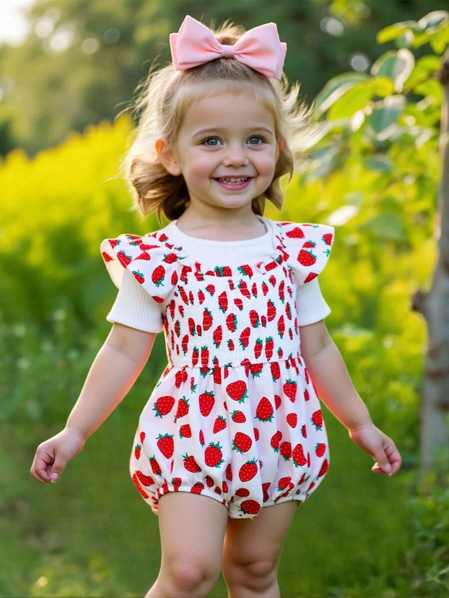 SHEIN Baby Girl Casual Comfortable Strawberry Print Ruffle Trim Bodysuit - Red and White - View 1