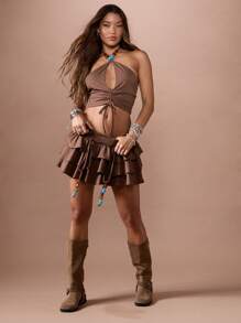 MISSGUIDED 平纹针织珠饰多层荷叶边迷你裙