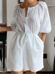 DAZY 波西米亚风格刺绣泡泡袖女士睡衣套装（含连体裤） - 白色 - 查看 6