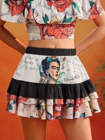 Frida Kahlo X SHEIN X Designer KATHARSIS Jupe mini à taille élastique avec volants et imprimé floral d'été, tenue d'été pour femmes