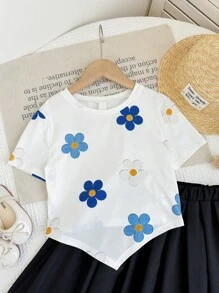 SHEIN LMoss Kids 2件套少女印花针织T恤和迷你裙套装 - 彩色 - 查看 6