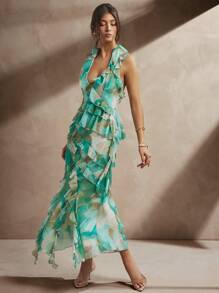 L'Amorae Printed Elegant Low Neck Ruffle Sleveeless Top - Green - View 3