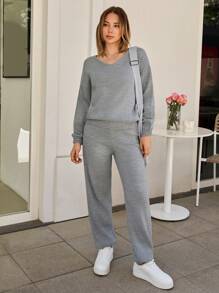 EURMUSE Women Sweater With Round Detail Elegant Style Two Piece Lounge Set Knit Two Piece Set Two Piece Set Women Comfortable Two Piece Set Loungewear,Petite,Winter Clothes - Light Grey - View 4