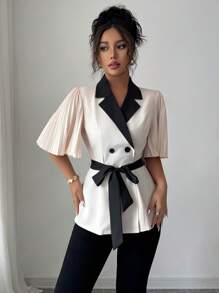 Elenzga V-Neck Contrast Color, Pleated Lantern Sleeve, Elegant French Vacation & Office Wear Shirt With Double-Breasted Buttons, Tie Waist Design To Slim Figure, New Summer Short Sleeve For Dating - Apricot - View 4