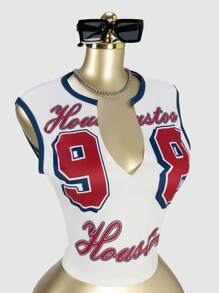 SHEIN SXY 性感露脐无袖上衣，数字印花，街头风，春夏必备，图案上衣，Y2K风格，露脐上衣，外出、夜店、街头服饰 - 彩色 - 查看 4