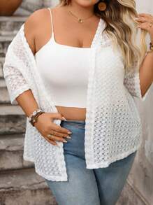 SHEIN CURVE+ Große Größen Urlaubs-Casual einfarbiger Strickmantel mit Hohlmuster für Sommer/Land/Strandurlaub - Weiss - Übersicht 6
