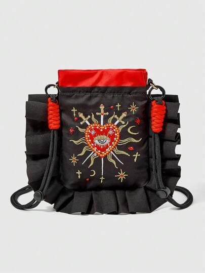 Goth Women's Fashion Heart Embroidery Frill Shoulder Bag