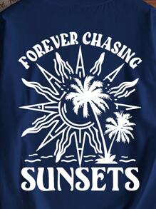 Manfinity Joysei Lässiger Urlaubsstil Kokosnussbaum- & Buchstabenprint, Slim Fit Rundhals Kurzarm T-Shirt für Herren, geeignet für Sommerurlaub, Outdoor, Dates, Partys, Geschenk für den Freund, Familienoutfit