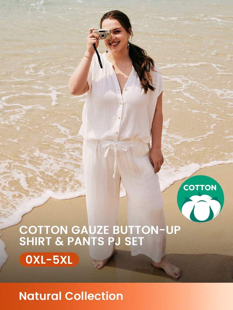 Plus Soft Breathable Cotton Short-Sleeve Button-Up Top & Pants Pajama Set