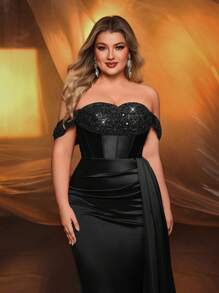 Glamrae 加大码优雅奢华露肩亮片拼布弹力缎面褶皱不对称鱼尾下摆连衣裙，适合婚礼、派对、活动、宴会 - 黑色 - 查看 3