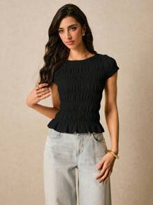 Poéselle Women's Casual Solid Color Slim Fit Short Sleeve Top, Summer - Black - View 6