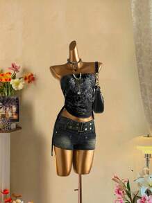 Attitoon Top tubo casual con cordón lateral y decoración de strass, estilo vintage
