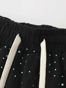 ROMWE MEN Men's Street Life Fashionable Rhinestone Drawstring Loose Shorts - Black - View 5