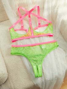SpicyHot 2 Stücke Y2K Neon Ausschnitt Kontrastrfarben Sexy Dessous Set für Frauen