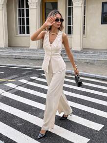 SHEIN Frenchy Women's Solid V-Neck Sleeveless Single-Breasted Metallic Buckle Casual Top And Pants 2 Pieces Set, Neckline Pleated Design,Metal Button  Sleeveless Top And Pants Two-Piece Set,Imple Fashion Elegant Office,Business For Commuting,Linen-Like Bamboo Pattern Stretch Fabrics