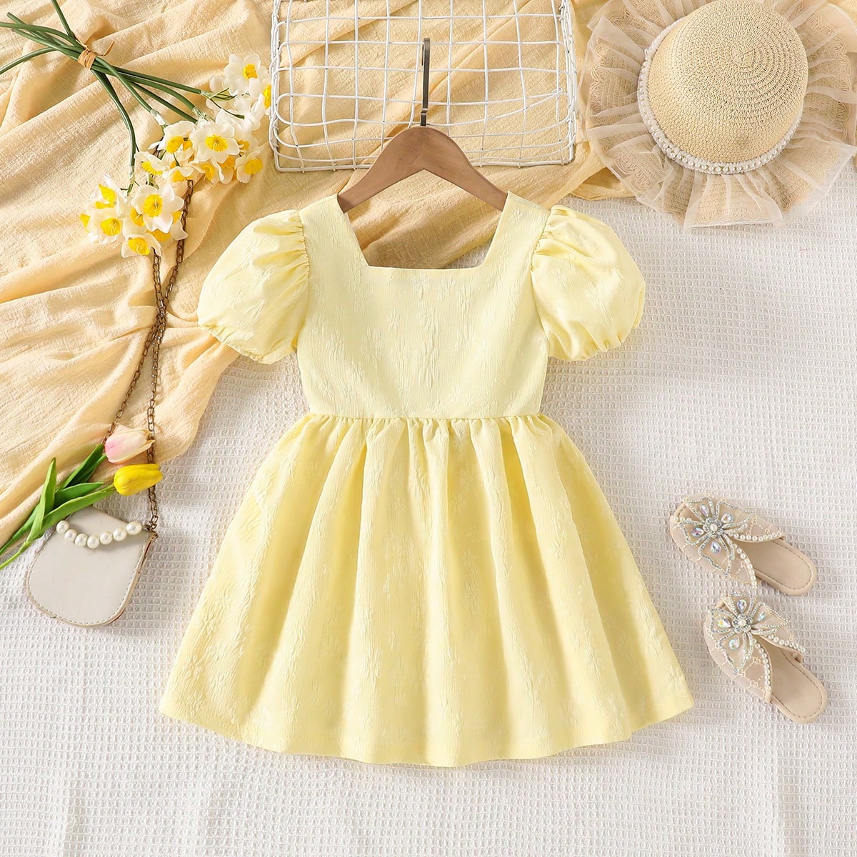 Vestido elegante y dulce con mangas abultadas para niñas Elladie, de tela jacquard tejida amarilla, suave y cómoda, con lazo desmontable en la espal
