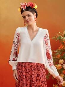 Frida Kahlo X SHEIN X Designer Oxana Placement Floral Print V Neck Flowy Puffy Long Sleeves Blouse Top Women Summer Vacation