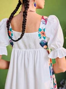 Frida Kahlo X SHEIN X Designer KATHARSIS Vestido mini mujer de verano de silueta de línea A, con mangas de globo, bloqueo gráfico y smocking en la espalda