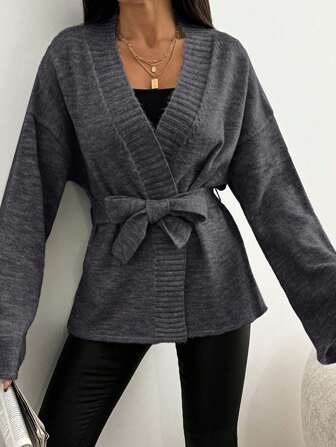 SHEIN Casual Solid Color Dropped Shoulder Loose Cardigan With Belt, Autumn/Winter