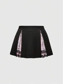 ROMWE J-Fashion Y2K Gyaru Himekaji High Rise Lace Faux 2-In-1 A-Line Skirt With Plus Size Bow For Plus Size Women - Black - View 2