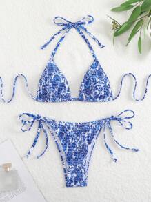 Swim Vcay 2pcs Women's Summer Beach Vacation Ruched Flower Print Halter Tie Bikini Set - Multicolor - View 1