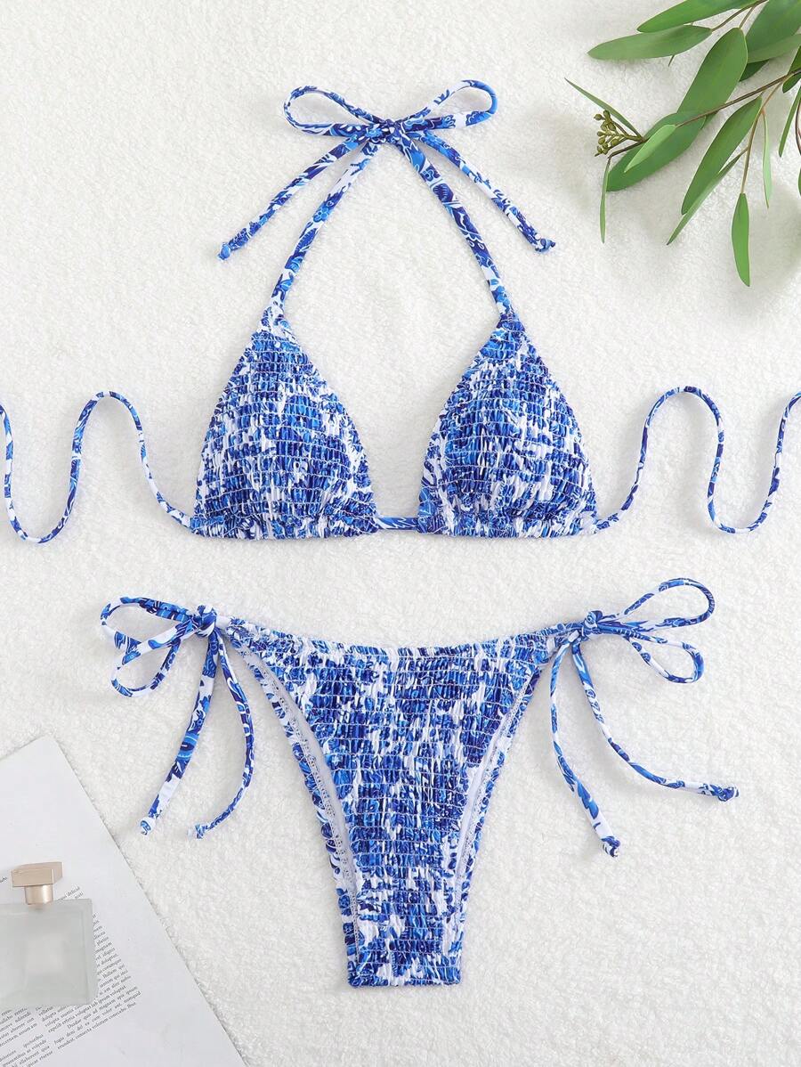 Swim Vcay 2pcs Women's Summer Beach Vacation Ruched Flower Print Halter Tie Bikini Set - Multicolor - View 1