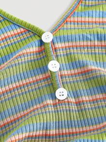 SHEIN MOD Dopamine Colored Stripe Front Button Decoration Scoop Neck Fitted Stretchy Bodycon Dress - Green - View 3