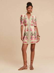 Travachic Woven Graphic Print Short Sleeve Mini Dress For Women,Summer Outfits For Women, Suitable For Holiday , Afternoon Tea, Wedding Season, Beach Cruise Vacation, City Road Trip Vacation, Boho Vacation, Music Festival , Beachwear, Easter, Beach Outfits For Woman, Elegant Dress For Women, Vacation Outfits Women, Concert Outfit Women, Tropical Vacation Woman Clothes, Holiday Outfits, Bohemian Clothes,For Spring Sunmmer And Autumn ,Easter,Holiday Outfits,Beach Outfits For Woman,Spring Break,Vacation Outfits Women,Concert Outfit Women, Tropical Vacation Woman Clothes, Romantic - Beige - View 3