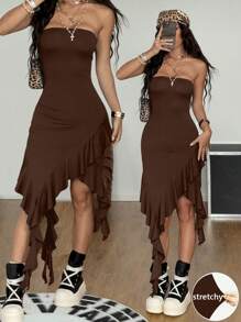 Coolane Vestido tubo de mujer con volantes y bajo asimétrico de unicolor, para verano, estilo bohemio, para salir - Café integral - Ver 3