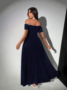 Viva Relle Plus Size Elegant Off Shoulder High Slit Dress - Navy Blue - View 6