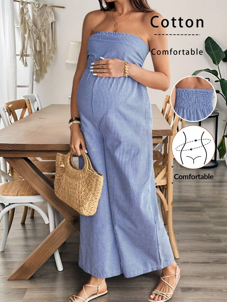 SHEIN Maternity Striped Jumpsuit, Fitted Summer Wear - Blue - View 1