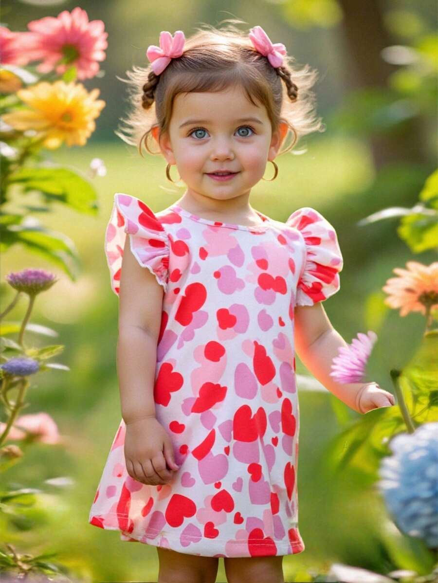 SHEIN Baby Girl Summer Cute Casual Knit Stretch Heart Print Cap Sleeve Dress