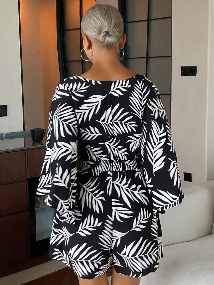 Resort Plant Print Deep V-Neck Women's Jumpsuit Pajamas
