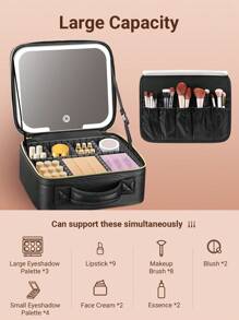 Teckwe Travel Makeup Bag With LED Mirror, Cosmetic Train Case With Light Up Mirror, Portable Makeup Artist Organizer Bag With Adjustable Dividers, Makeup Brush Holder Storage Y2K Fashion Makeup Cosmetic Party Beach Travel Camping Outdoors School Campus - Black - View 5