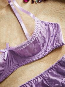 3pcs Vintage Romantic Jacquard Texture Cupless Sexy Lingerie Set, Lavender, Rave - Purple - View 7