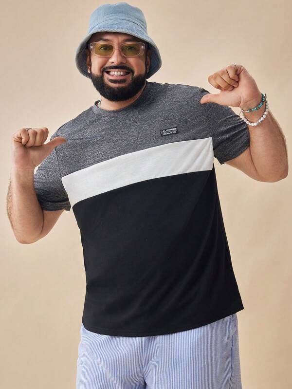 EASEVO Men Plus Size Knitted Color Block Short Sleeve Casual T-Shirt, For Going Out, Summer, School